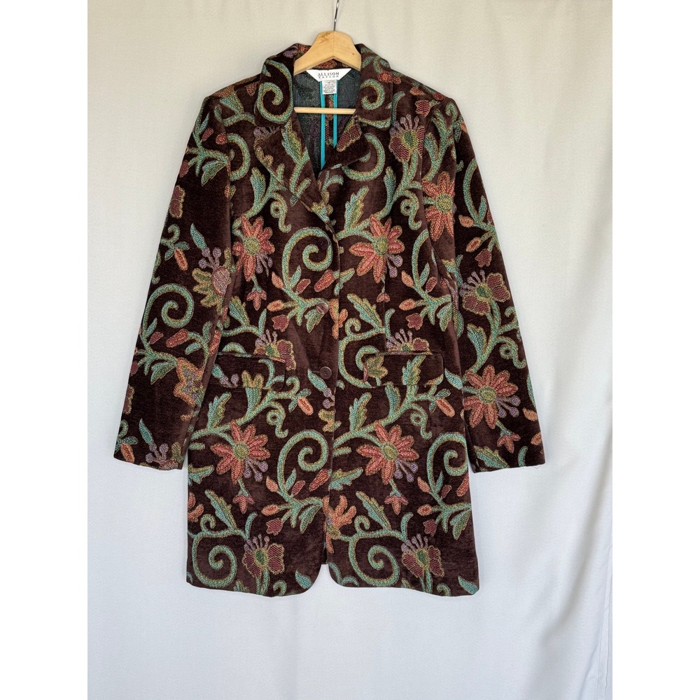 Vintage Y2K Allison Taylor Floral Tapestry Chenille Brown Long Blazer Size 14